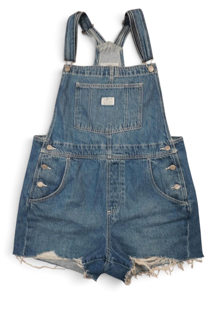Levi Strauss & Co Overalls Womens Large Blue Denim Shortalls Cutoff Frayed Hem